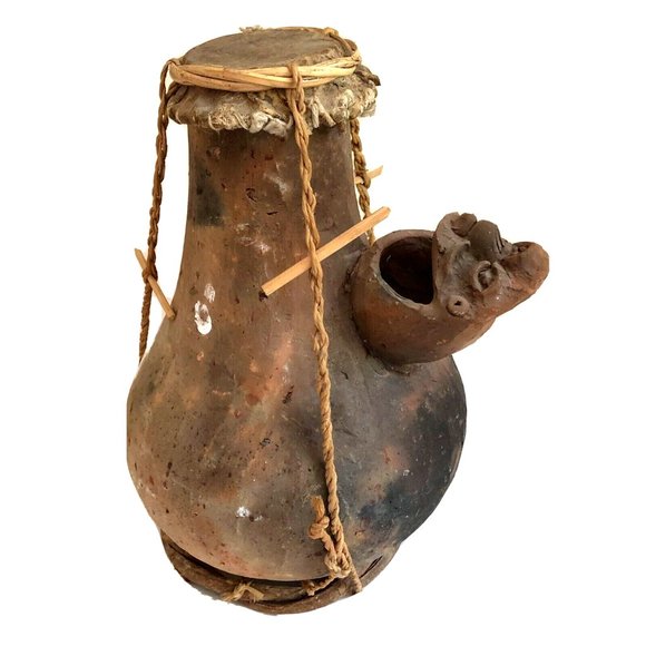 Vintage Mayan Lacandon Water Drum Clay Rope Deer Skin Native Vessel Instrument - Picture 1 of 9